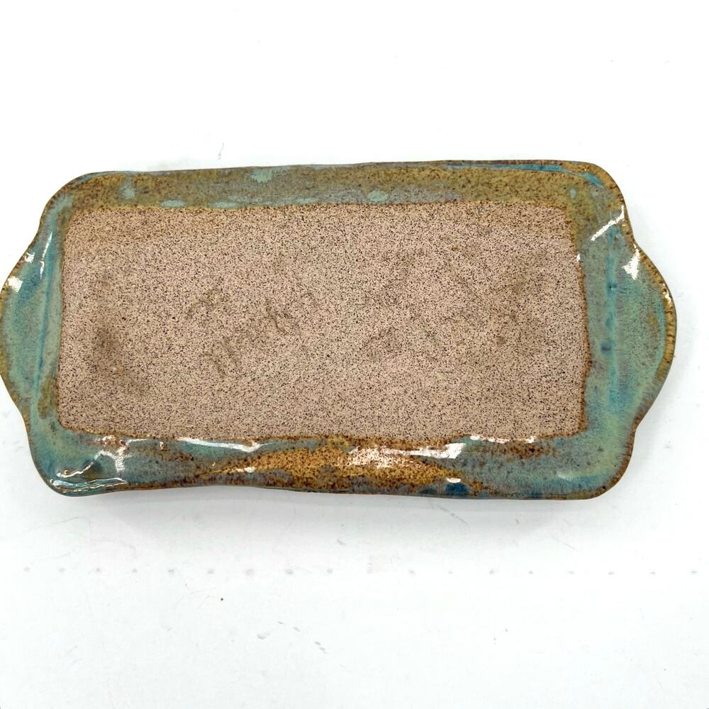Jane Bess Pottery edgedield SC 2012 handcrafted two handles teal small tray - Picture 4 of 5